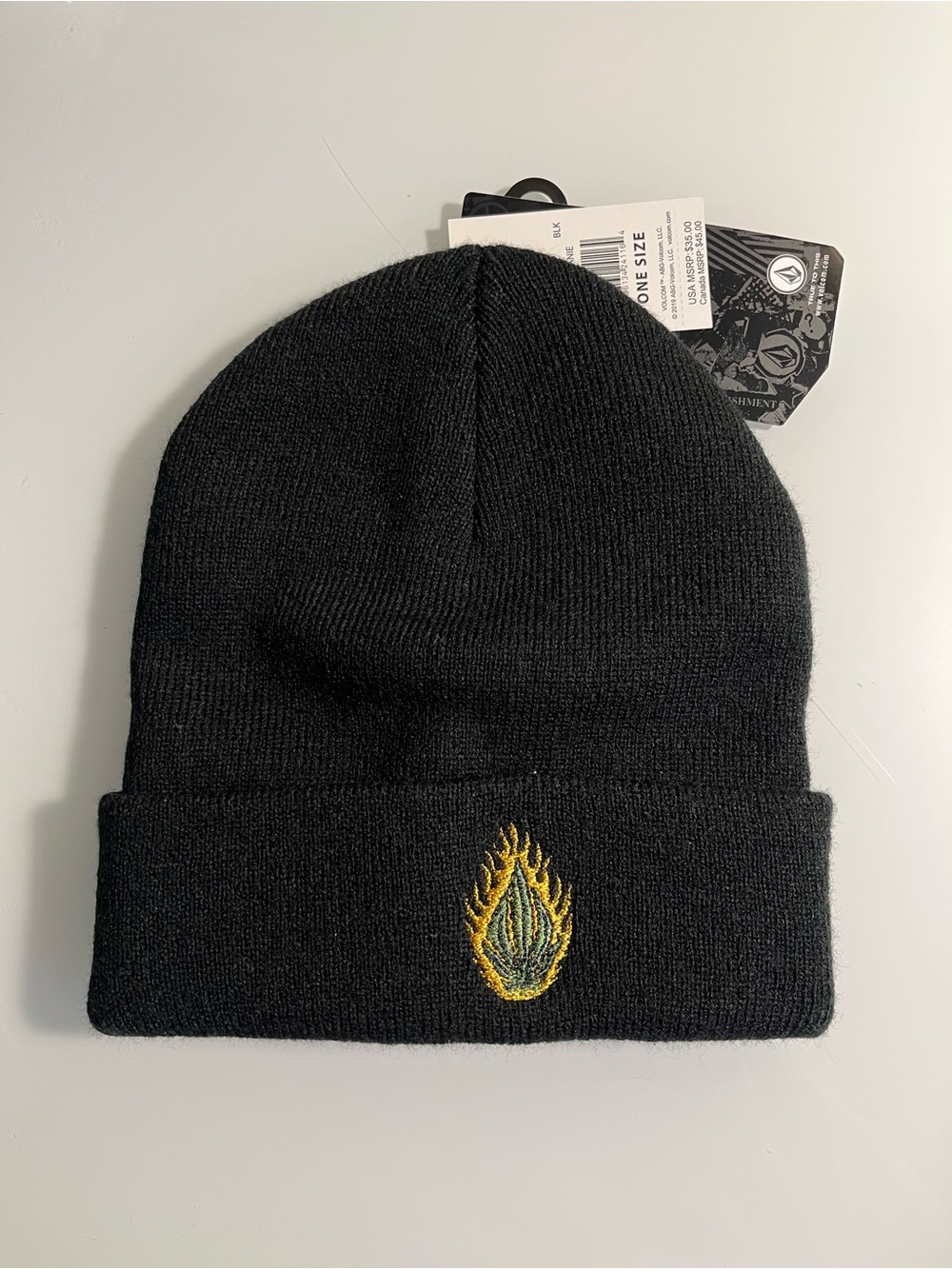 Volcom Black Beanie with Yellow Flame Patch